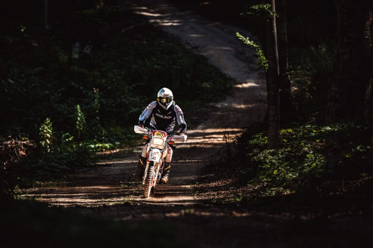 Rider on a forest trail in the shadows
