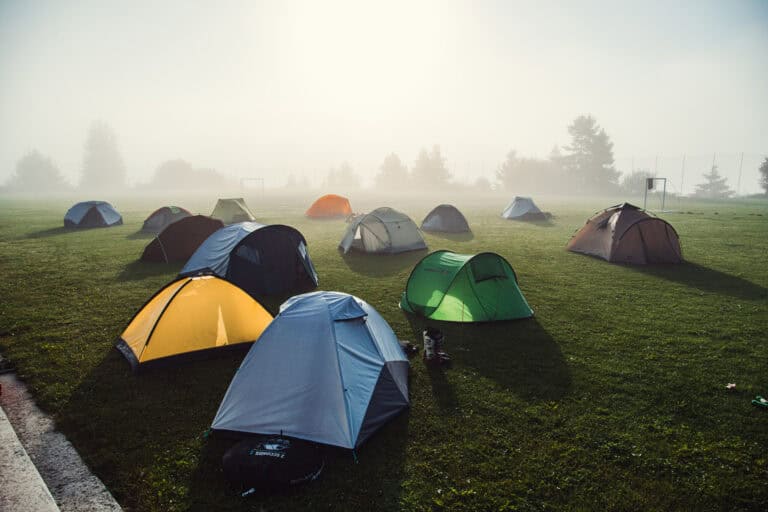 Tents in the morning mist at the bivouac