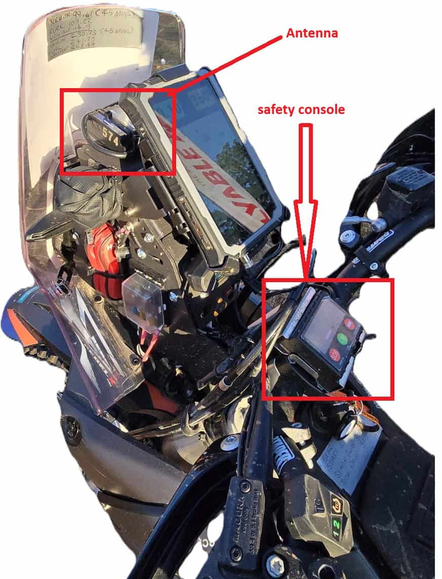 Rally bike with tracking device components marked in red
