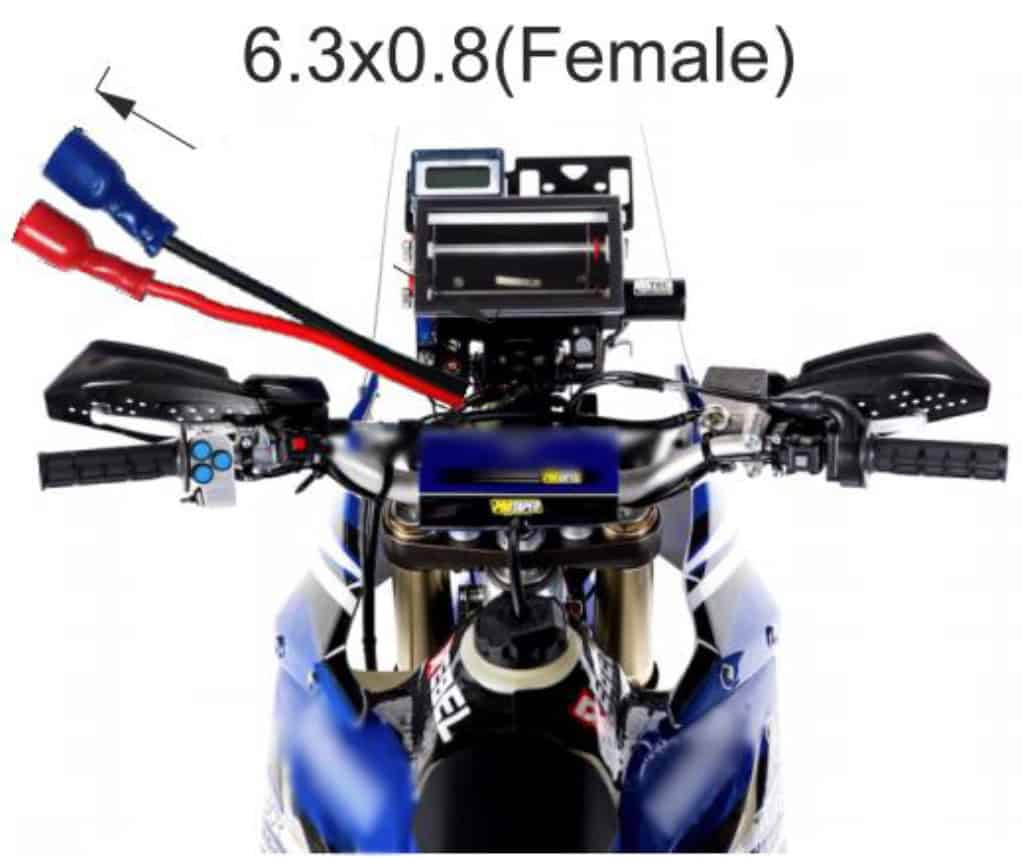 Tracking device power cable connectors on a rally bike
