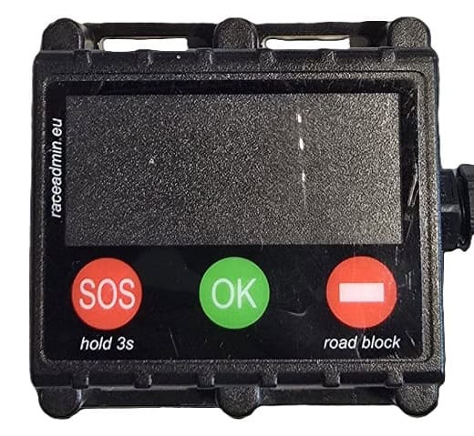 Rally safety tracking device console with SOS, OK and road block buttons