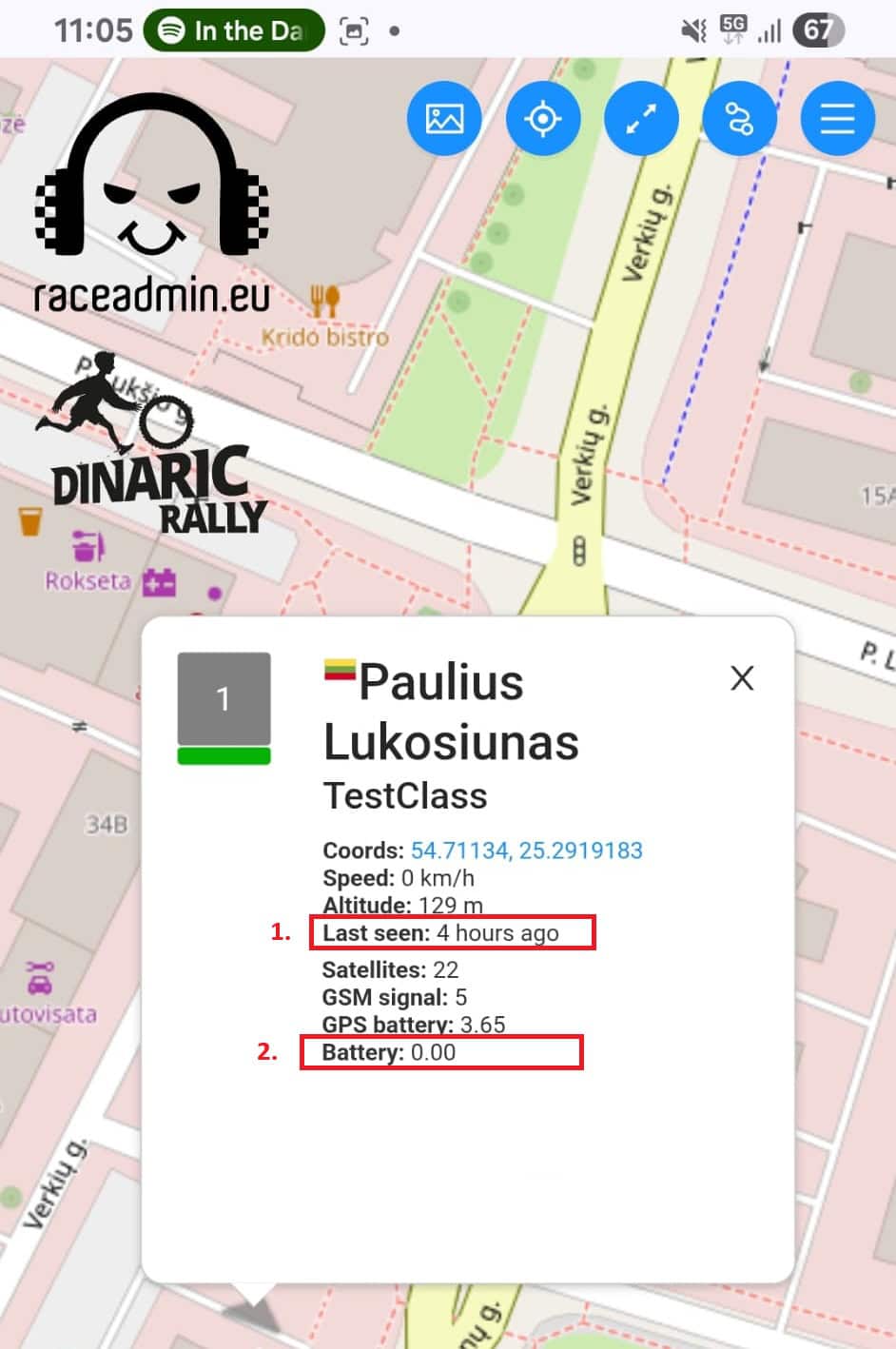 Live tracking app map showing a rider position and details