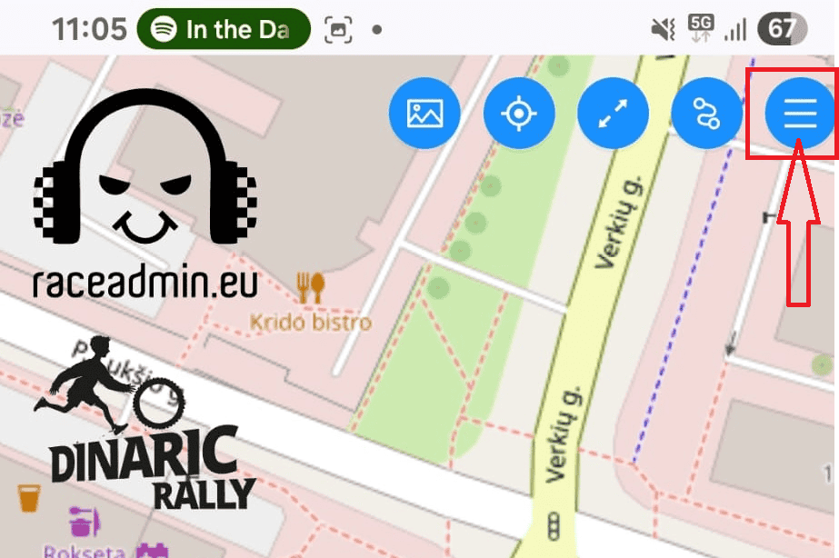 Live tracking app map with the menu button highlighted