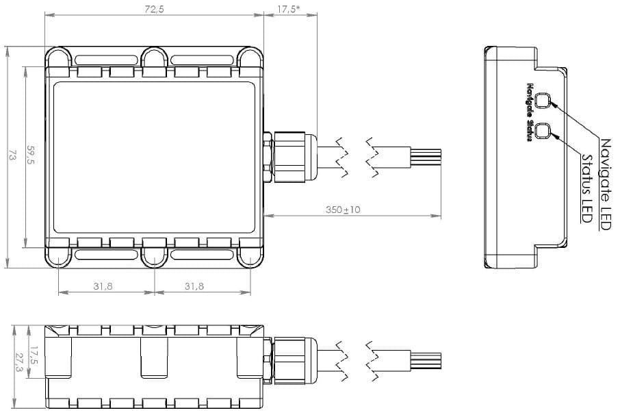 Technical drawing of the tracking device with dimensions